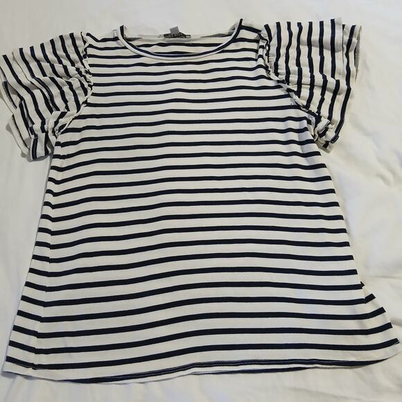 Green Envelope Black/white striped tee with double ruffled cap sleeves M - Picture 1 of 8